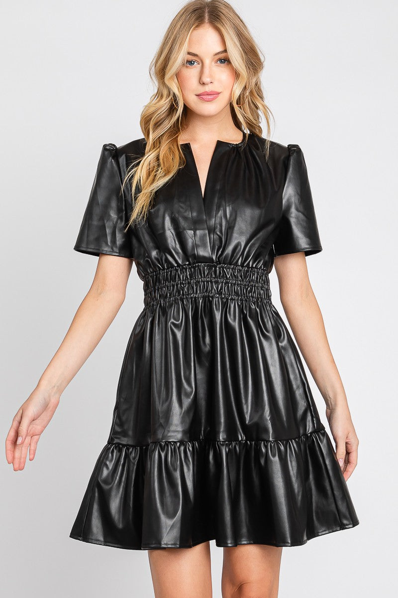 VEGAN LEATHER TIERED MINI DRESS