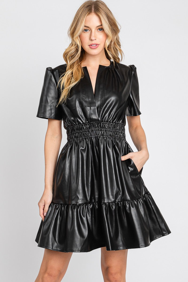 VEGAN LEATHER TIERED MINI DRESS