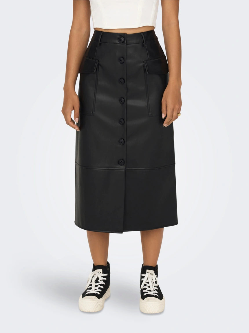 VEGAN LEATHER BUTTON SKIRT