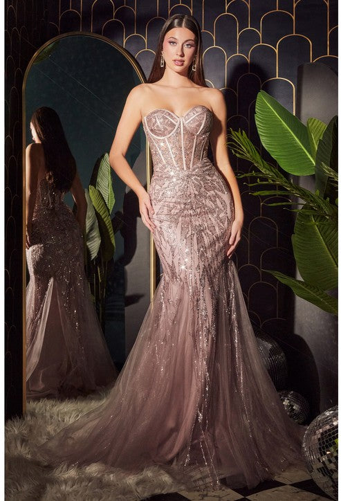 BLUSH CHAMPAGNE STRAPLESS MERMAID CORSET GOWN